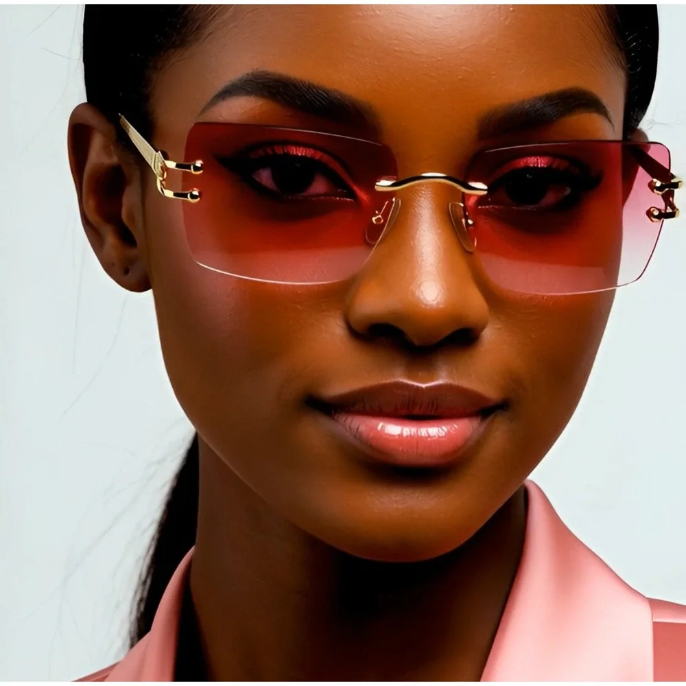 Rimless‎ Sunglasses Pink Lens Gold Frame Rectangle Fashion Shades Classic Retro